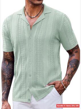 Men's Vintage Knit Polo Shirt Short Sleeve Button Down Camp Collar Casual